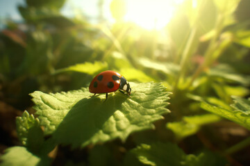A captivating close-up of a vibrant ladybug perched on a leaf on an ecological farm, representing the farm's dedication to organic and pesticide-free practices