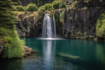 Naklejka na ściany i meble A majestic waterfall surrounded by lush foliage, creating a peaceful oasis amidst nature's splendor