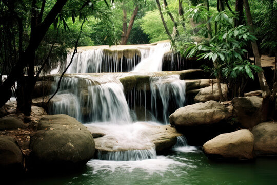 A majestic waterfall surrounded by lush foliage, creating a peaceful oasis amidst nature's splendor