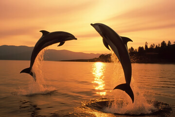 A pair of playful dolphins leaping out of the water, showcasing their agility and joyful nature in their natural habitat