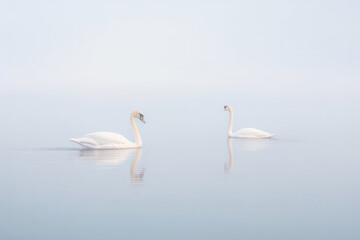 A pair of graceful swans gliding across a tranquil lake, reflecting their elegance and beauty in the calm waters