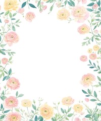 Fototapeta na wymiar Ranunculus flower. Florist decoration. Natural floral background. Floral background with place for text. Templates for design, botanical illustration in watercolor style. Generative AI.