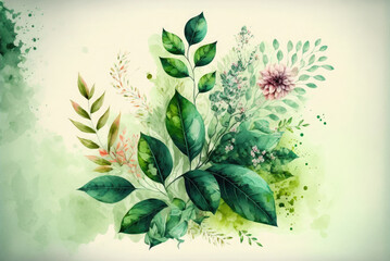Spring floral watercolor green illustration on light background with flowers and leaves on branches. AI generative.