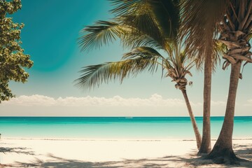 Obraz na płótnie Canvas Copy space on a sunny tropical beach with palm trees in the backdrop. Generative AI