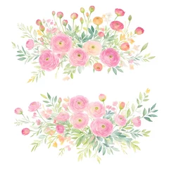 Fototapete Blumen Ranunculus flower. Florist decoration. Natural floral background. Floral background with place for text. Templates for design, botanical illustration in watercolor style. Generative AI.