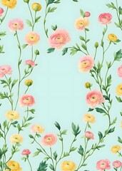 Ranunculus flower. Florist decoration. Natural floral background. Floral background with place for text. Templates for design, botanical illustration in watercolor style. Generative AI.