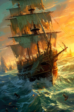 Old sail ship braving the waves of a stormy sea. Painting style. Generative ai