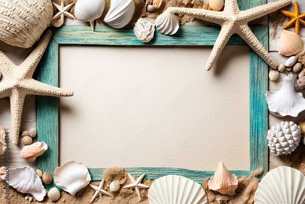 Poster for sale is a summer background with shells. generative ai