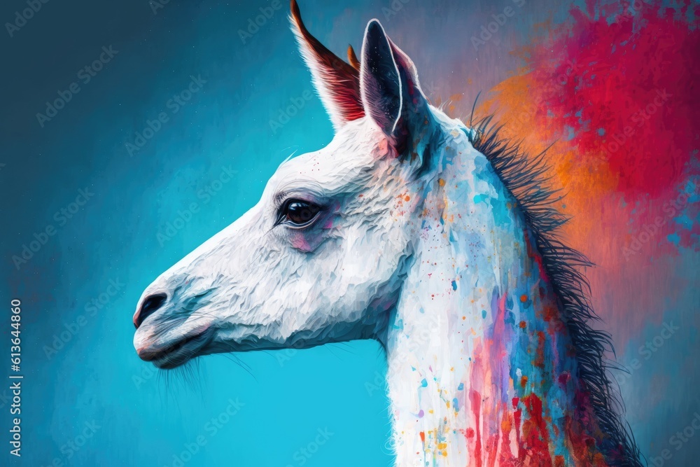 Poster majestic white horse with a vibrant, rainbow-colored mane. Generative AI