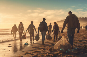 Candid scene of volunteers demonstrating commitment and teamwork while participating in a beach cleanup, an image of environmental responsibility and community 