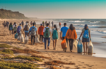 Candid scene of volunteers demonstrating commitment and teamwork while participating in a beach cleanup, an image of environmental responsibility and community 
