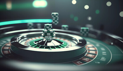 Poker chips lie on a table in a casino. Roulette. Gambling. generated by AI