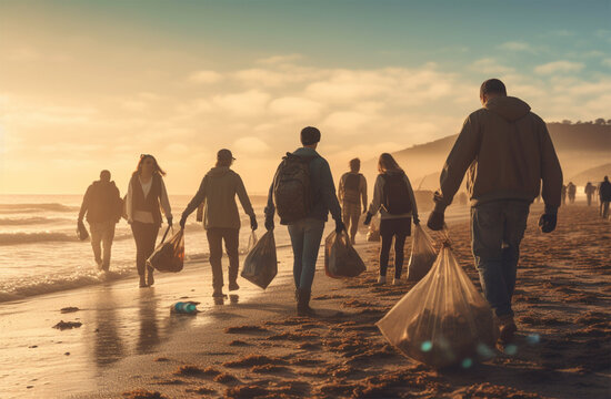 Candid scene of volunteers demonstrating commitment and teamwork while participating in a beach cleanup, an image of environmental responsibility and community 
