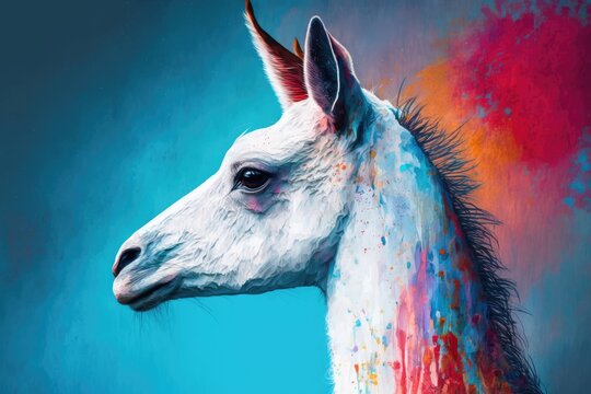 majestic white horse with a vibrant, rainbow-colored mane. Generative AI