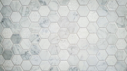 Seamless grayscale hexagonal mosaic wall (Bathroom, Kitchen, Indoor, Decor) - obrazy, fototapety, plakaty