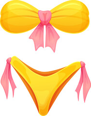 Women's swimsuit bikini in yellow color with pink tie png. Cartoon style. Summer time symbol. Illustration isolated on transparent background.