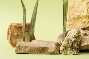 Decorative stone podiums with leaves on green background