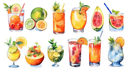 watercolor illustration drinks with fruits and ice, summer cocktails, stickers, ai generative
