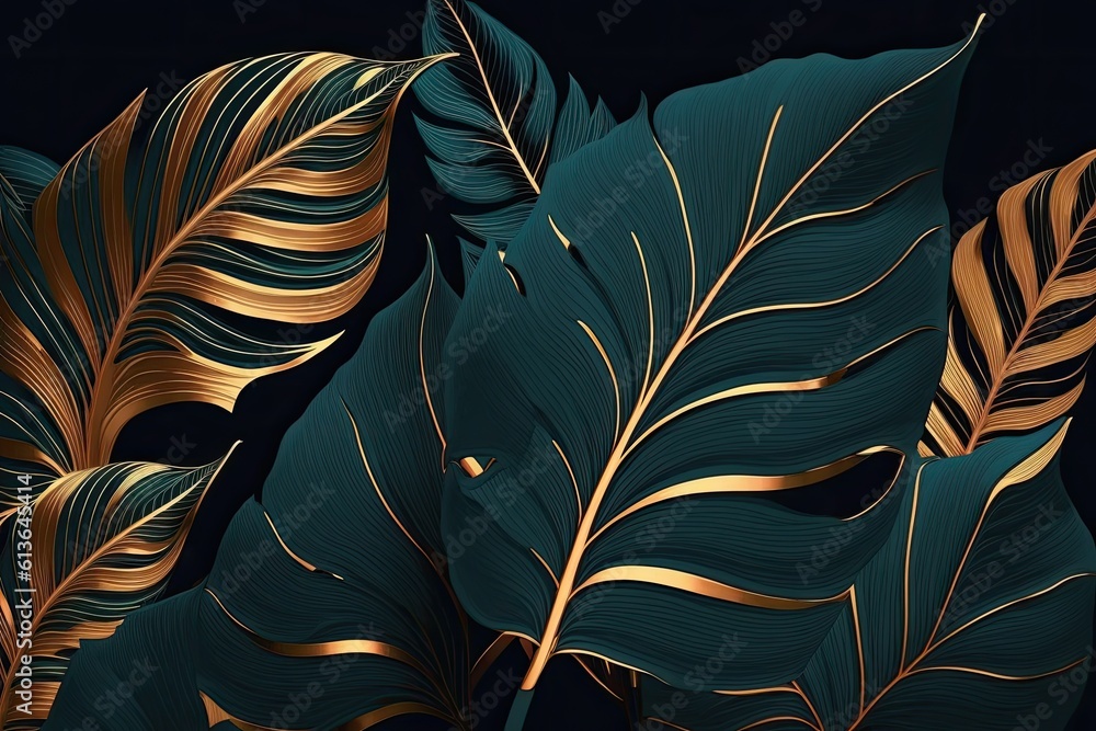 Poster black background with a repeating pattern of green and gold leaves. generative ai