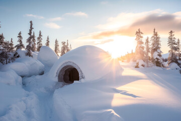 Nordic landscape with igloo at sunset, generative ai