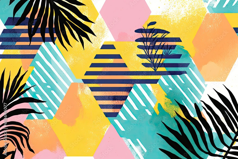 Aufkleber an abstract geometric pattern on a colorful background. hexagonal pattern with paper, palm leaves, w