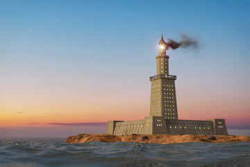 3D visualization of Lighthouse of Alexandria on Pharos island - one of the Seven Wonders of the Ancient World (3d rendering)