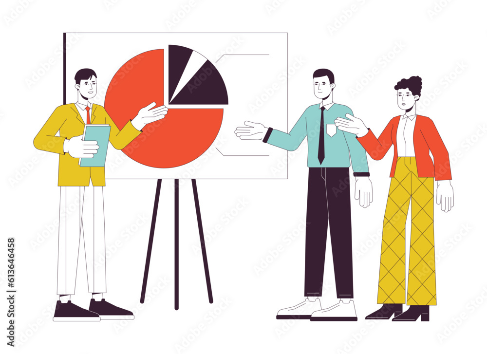 Aufkleber brainstorming group flat line concept vector spot illustration. teaching teammates 2d cartoon outlin