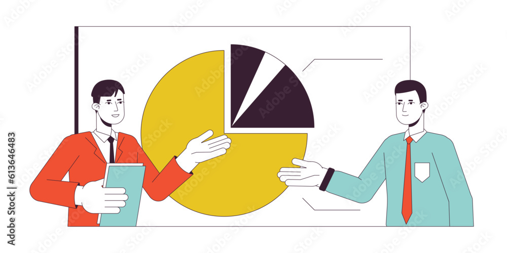 Aufkleber presentation office meeting flat line concept vector spot illustration. spokesperson with colleague 