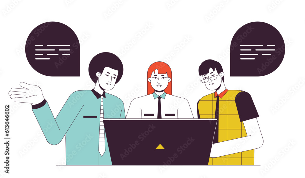 Aufkleber helping colleague flat line concept vector spot illustration. coworkers working together 2d cartoon 