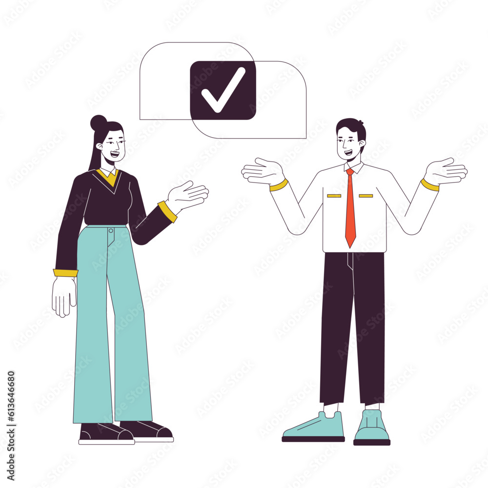 Poster co-workers partnership flat line concept vector spot illustration. colleagues sharing 2d cartoon out