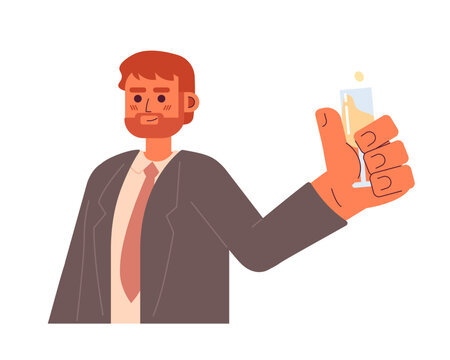 Bearded caucasian man holding champagne glass semi flat colorful vector character. Toasting celebration. Editable full body person on white. Simple cartoon spot illustration for web graphic design