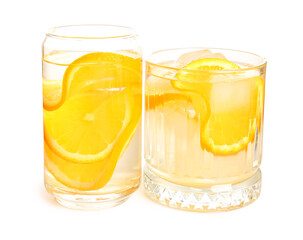 Glasses of infused water with orange slices on white background