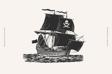 Pirate ship with black sails on the sea. Sailboat with skull and crossbones. Jolly Roger is a symbol of adventure and treasure hunting. Vector illustration in engraving style.