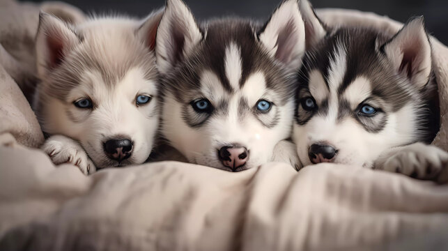3 Siberian Husky puppies, snuggled up in a line all sleepy