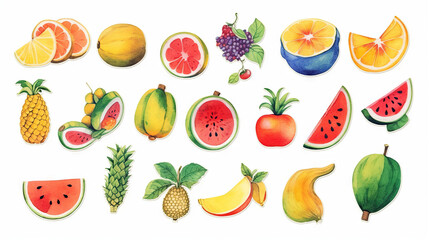 fruits watercolor illustration stickers, generative ai