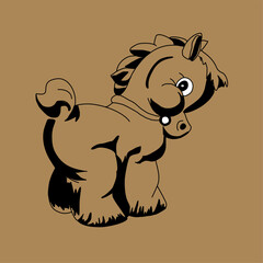 Vector drawing of the toy horse in black lines on a brown background. Eco design
