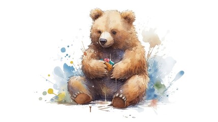 bear, in the style of a watercolor illustration, children's cartoon illustration.Generative AI