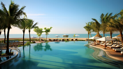Fototapeta na wymiar Big pool by the beach, luxurious tropical resort