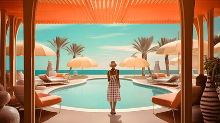 Fototapeta na wymiar Woman enjoying the view in a luxury beach resort, retro futurist design