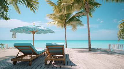 Obraz na płótnie Canvas Beautiful deck on a beach, view of the sea, palm trees