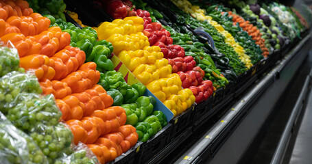 Organic natural vegetables in the grocery store. Fresh colorful vegetables on the store counter. Farm products. Shopping for groceries in a supermarket.