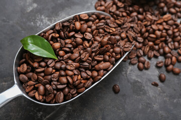 Scoop with coffee beans on grunge background