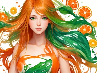 Beautiful cute girl face portrait with a orange hair green eyes abstract dress in aquarelle style, creative illustration orange fruit white background ink watercolor painting. Generative AI