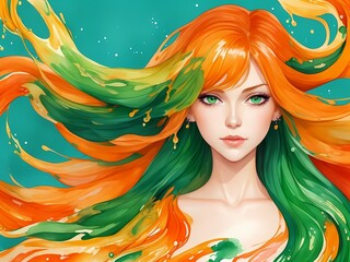 Beautiful cute girl face portrait with a orange hair green eyes in aquarelle style abstract , creative illustration turquoise background ink watercolor painting. Generative AI