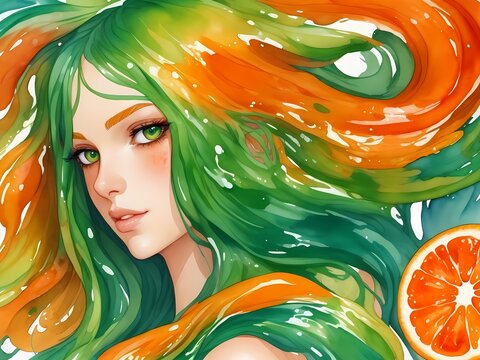 Beautiful cute girl face profile portrait with a orange hair green eyes in aquarelle style, creative illustration white background ink watercolor painting. Generative AI