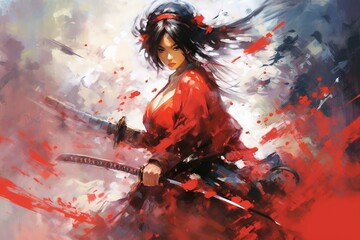 Fototapeta na wymiar female samurai holding her hand on a katana. Generative ai
