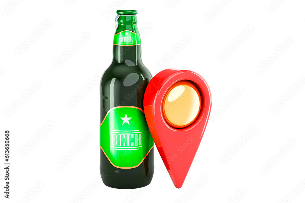Poster beer bottle with map pointer, 3d rendering