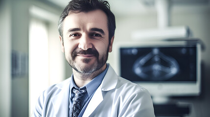 Fototapeta premium Doctor portrait. Male doctor stay in hospital and smile to camera. AI generative illustration