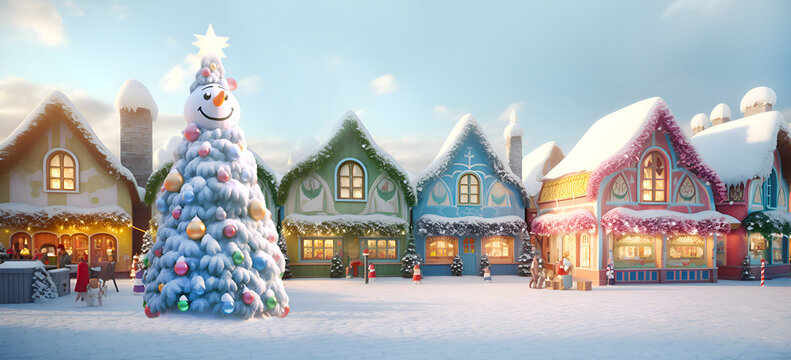 Town street with beautiful cartoon houses decorated for Christmas and New Year. Illustration made with AI Generative