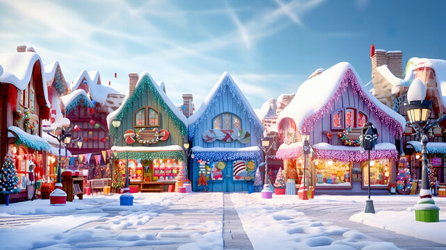 Town street with beautiful cartoon houses decorated for Christmas and New Year. Illustration made with AI Generative